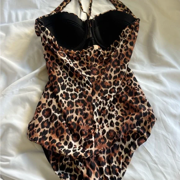 Leopard Print Halter Tie Vintage Style Swimsuit Padded Bust sz M/8 - Picture 5 of 7
